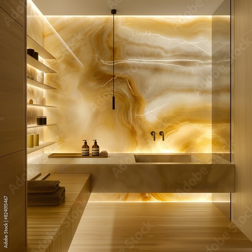 A sophisticated bathroom design highlighting a backlit Onyx marble feature wall, creating a warm, inviting glow around a minimalist, underlit floating vanity. photo