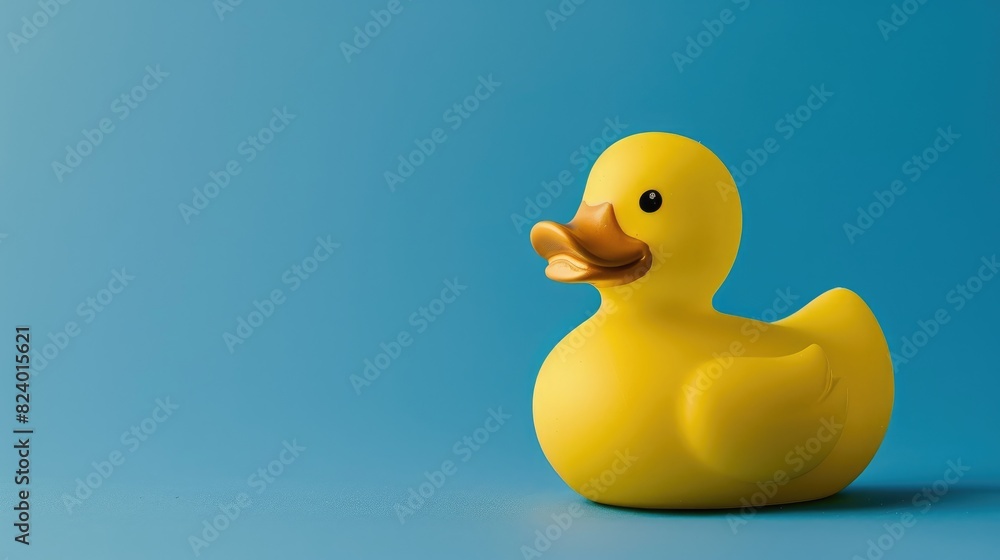 Rubber duck in yellow color against a blue backdrop Rubber duck in yellow color against a blue backdrop
