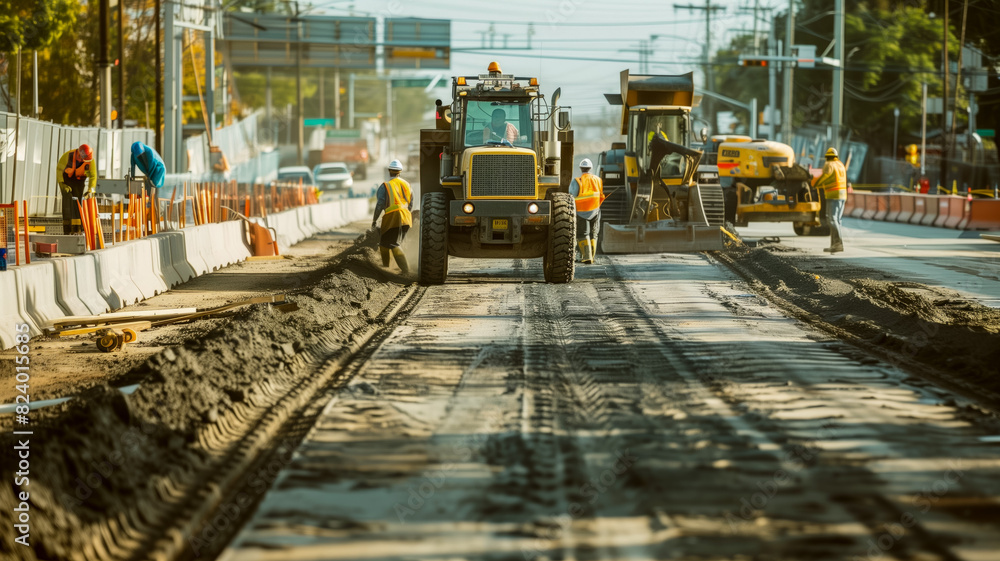Road construction workers paving a new highway segment Road construction workers paving a new highway segment