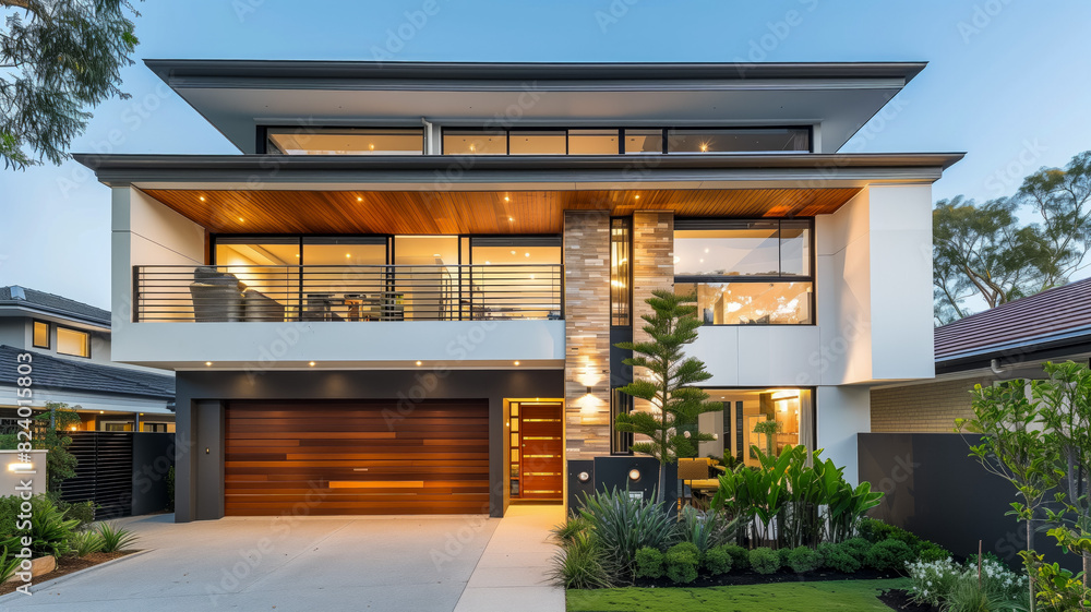 Modern luxury home exterior with evening lighting Modern luxury home exterior with evening lighting
