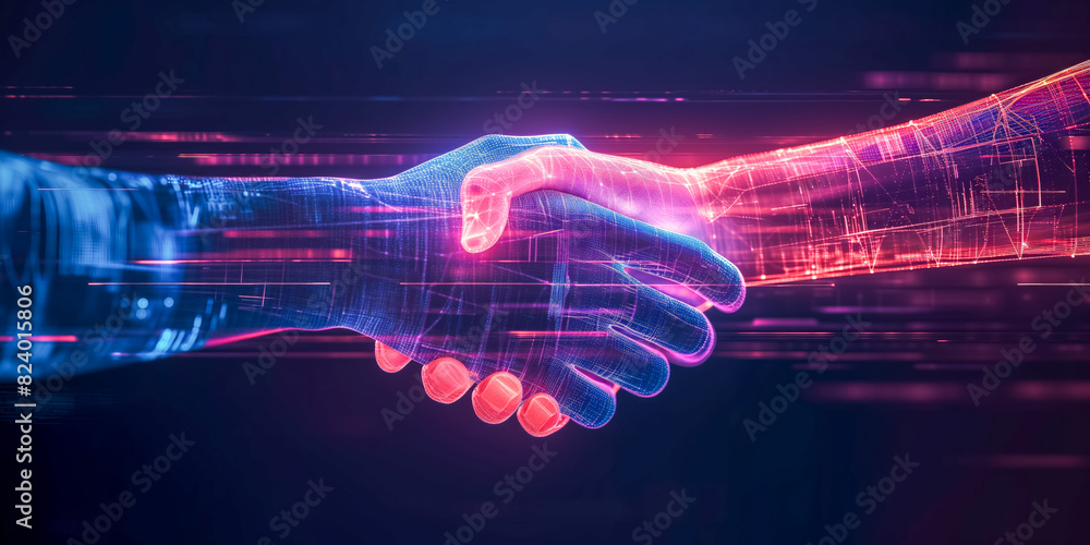 Digital handshake representing technology and collaboration concept ...