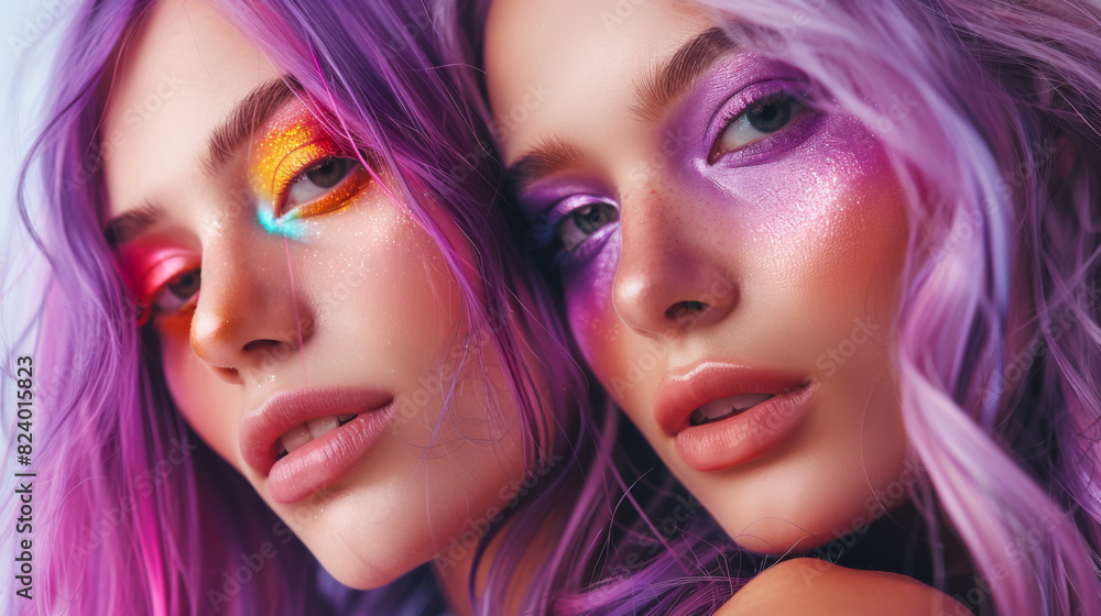 Close-up of a beautiful woman with bright makeup and purple hair. A stylish fashion model with a bright appearance poses indoors. Fashion and beauty concept. Close-up of a beautiful woman with bright makeup and purple hair. A stylish fashion model with a bright appearance poses indoors. Fashion and beauty concept.