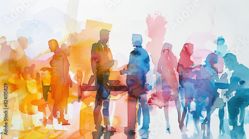 Colorful silhouettes of people painted in watercolor in a city at a networking event