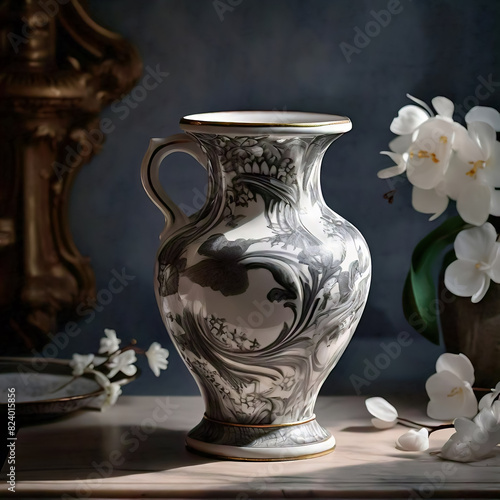 sfondo scuro con luce naturale che illumina un vaso in porcellana francese stile art Nouveau Liberty con orchidee e fregio, still life fotografico, photo
