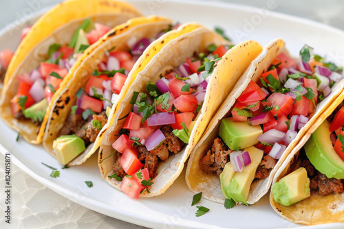 A white plate is adorned with a line of tasty tacos featuring tomatoes, onions, and avocado