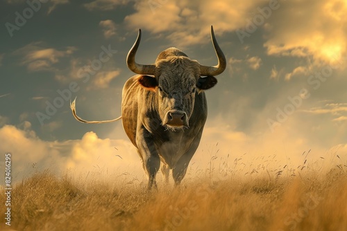 Elegance in nature captured with a bull standing in a sunlit field, showcasing the beauty of wildlife