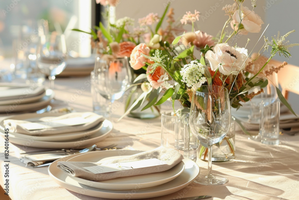 Fototapeta premium A beautifully arranged table adorned with plates, glasses, and a vase filled with flowers