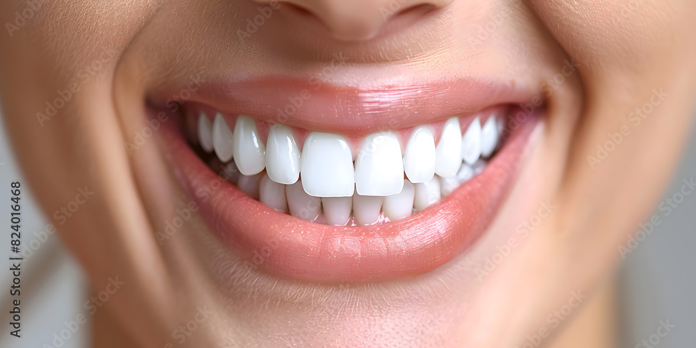Obraz premium Beautiful young woman female smiling showing perfect white teeth. Dental stomatology whitening and treatment advertisement concept.
