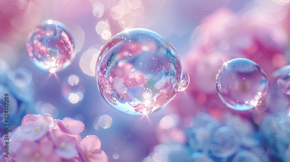 A group of soap bubbles hovering above a field of blue and pink blossoms, surrounded by white and pink blooms A group of soap bubbles hovering above a field of blue and pink blossoms, surrounded by white and pink blooms