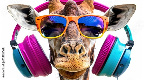   A close-up of a giraffe wearing headphones with its tongue sticking out photo