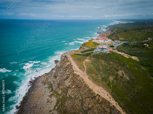 The Cabo da Roca is the westernmost cape of the Eurasian continent, located in Portugal. Drone aerial view photo.