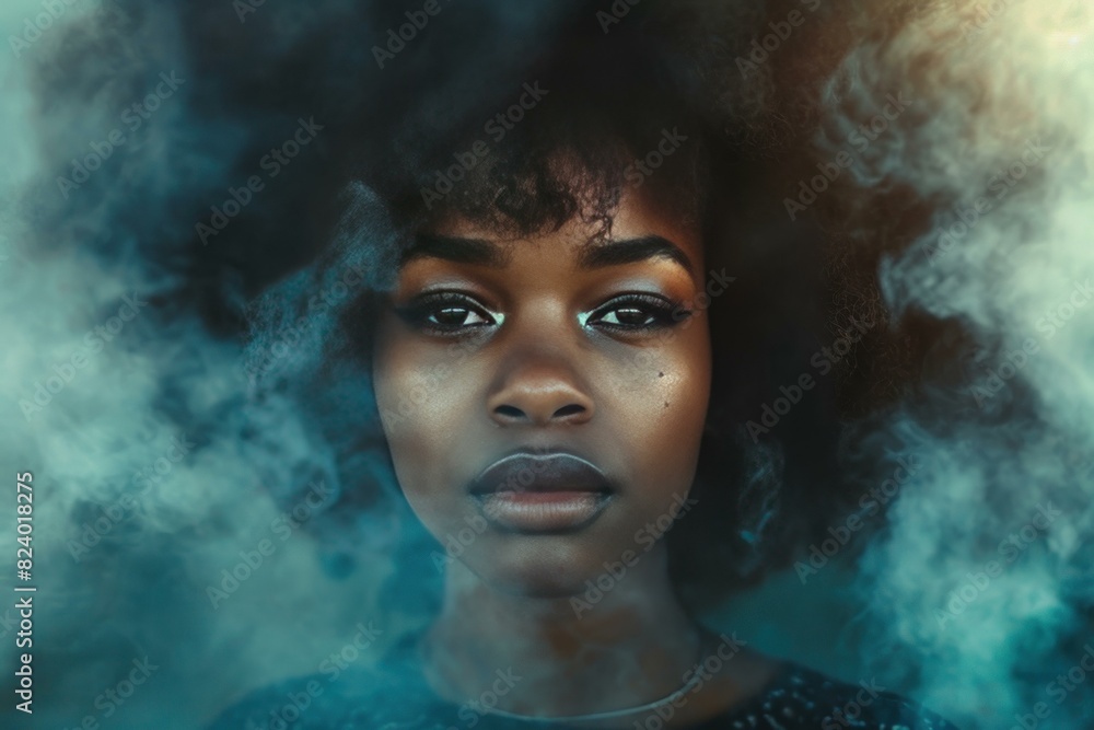 Captivating portrait of a woman surrounded by a smoky haze, giving off a dreamy and enigmatic vibe