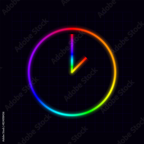 Clock icon, neon rainbow visuals, gradient mesh graphics.
