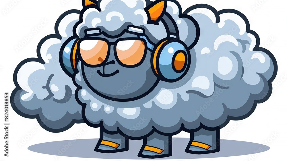 A cartoon sheep with headphones on its ears, standing before a white backdrop A cartoon sheep with headphones on its ears, standing before a white backdrop