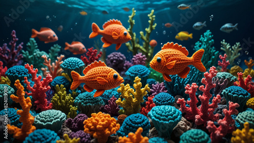 A delightful underwater world scene featuring vibrant coral reefs and a variety of fish  all depicted in charming crochet amigurumi style
