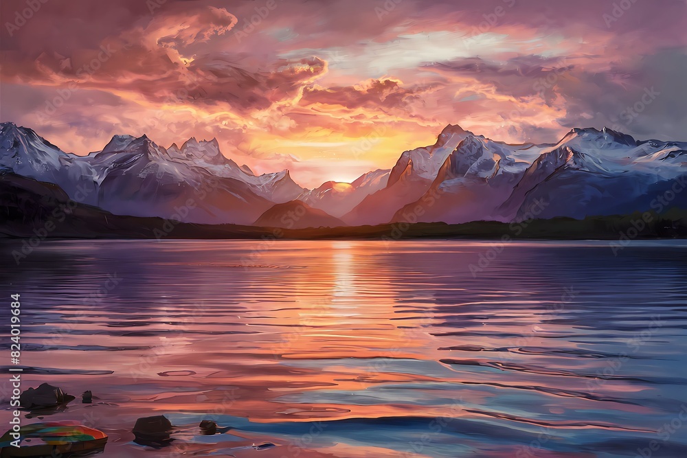 Digital painting of a sunset over a serene lake, surrounded by majestic snow-capped mountains. 