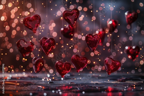 Hanging Red Hearts with Bokeh Background. Illustration.