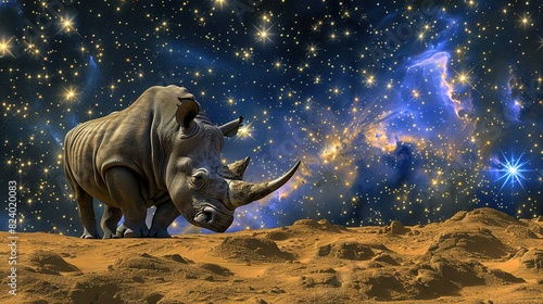   A Rhino in the Desert Night - a stunning painting depicts a majestic rhino standing tall against the backdrop of a starlit desert sky The cluster of stars