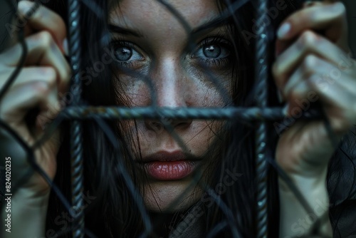 dramatic portrait of woman prisoner grasping steel lattice hands closeup digital art photo