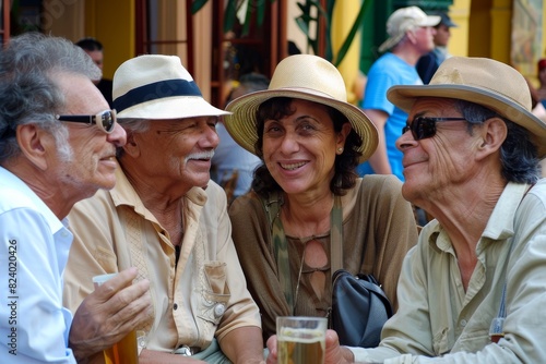 Group of happy senior people drinking beer in a street cafe