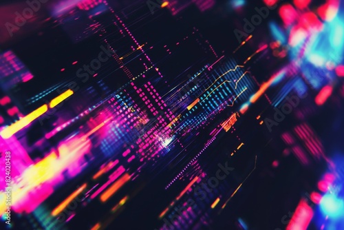 A colorful, abstract image of a cityscape with bright lights and neon colors