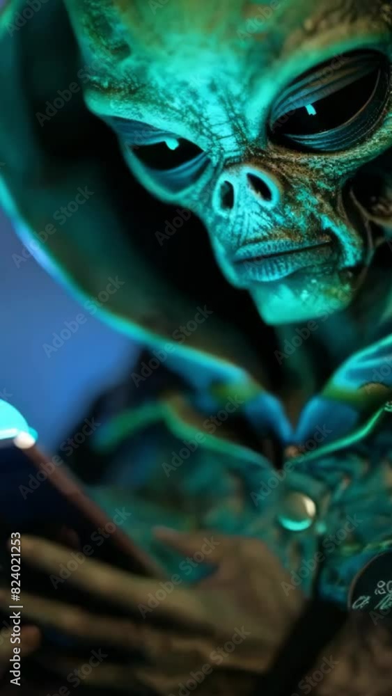 alien looking and using smartphone social media. alien with phone. 4k 9x16 vertical new stock video footage Ai. alien looking and using smartphone social media. alien with phone. 4k 9x16 vertical new stock video footage Ai.