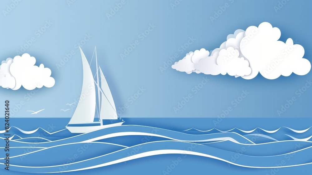 Naklejka premium A crafted scene of a white paper sailboat floating on a wavy paper sea under a blue sky, accented with white paper clouds.