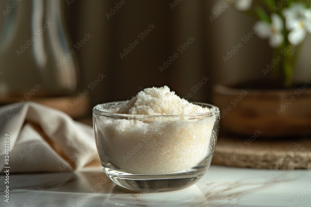 Close-up of white sugar in a clear bowl with soft natural light and flowers in background Close-up of white sugar in a clear bowl with soft natural light and flowers in background