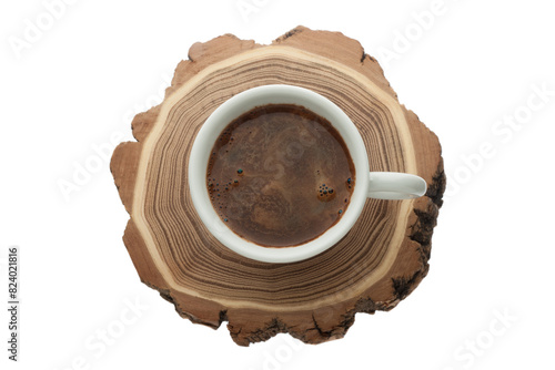 Cup coffee on acacia wood isolated