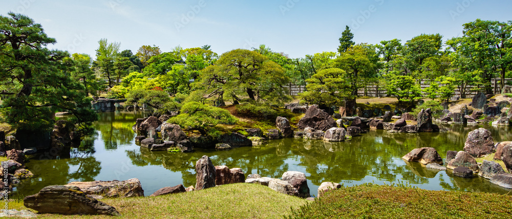 Panoramic view of a typical Japanese garden in an image that conveys serenity and peace, Kyoto, Japan. Panoramic view of a typical Japanese garden in an image that conveys serenity and peace, Kyoto, Japan.
