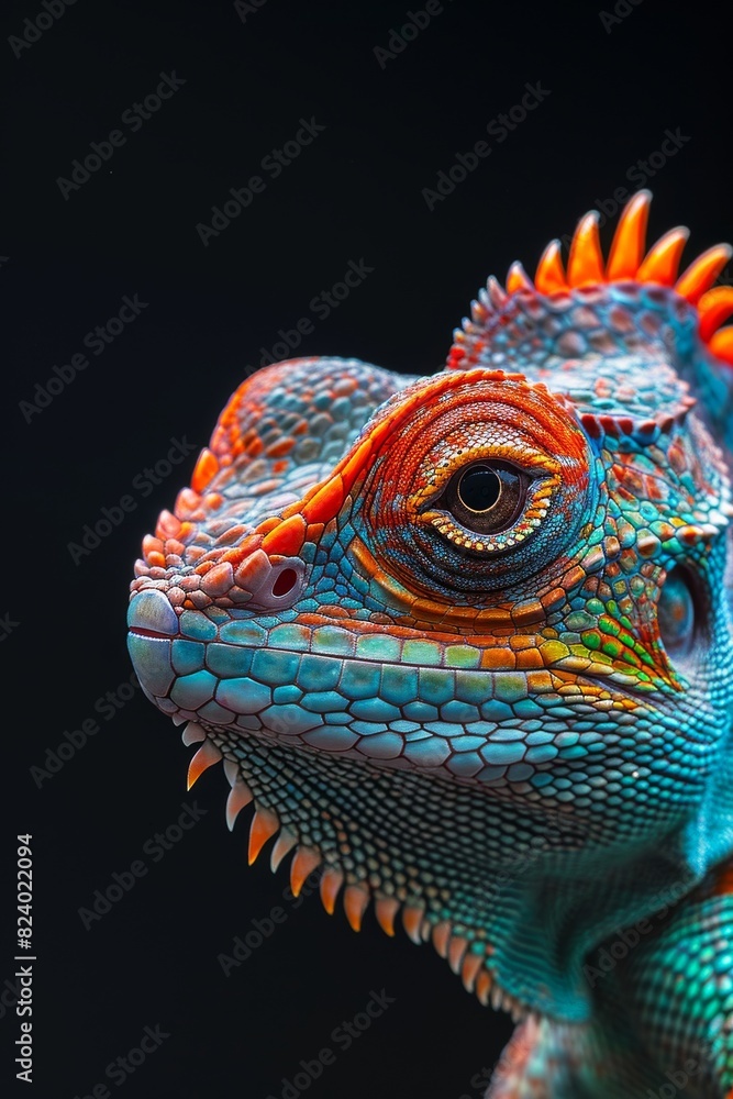 Mystic portrait of Chamaeleo bitaeniatus in studio, copy space on right side, Anger, Menacing, Headshot, Close-up View Isolated on black background Mystic portrait of Chamaeleo bitaeniatus in studio, copy space on right side, Anger, Menacing, Headshot, Close-up View Isolated on black background