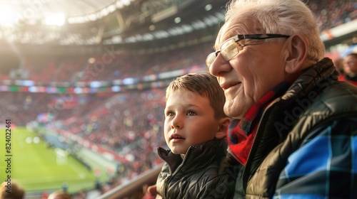 Grandfather and grandson sit on the stands and watch a football game