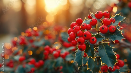  A Holly plant's close-up, red berries & green leaves bathed in sunlight, surrounded by trees