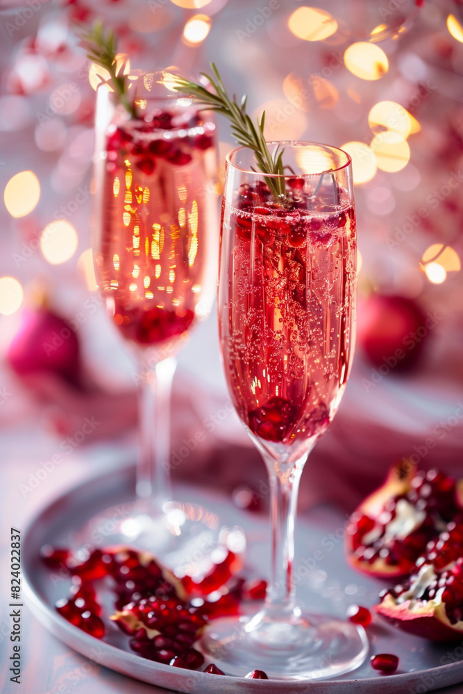 Holiday champagne drink with pomegranate and rosemary garnish in champagne flutes on a tray with holiday lights in background, Generative AI Holiday champagne drink with pomegranate and rosemary garnish in champagne flutes on a tray with holiday lights in background, Generative AI