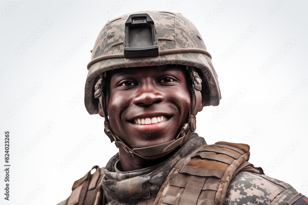Smiling man on white background. War-related topics. War news. Military recruitment. Military service. World War. Black man. Afro american. Africa. Image for graphic designer. IA. Smiling man on white background. War-related topics. War news. Military recruitment. Military service. World War. Black man. Afro american. Africa. Image for graphic designer. IA.