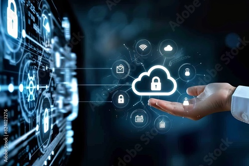 Hand presenting a digital cloud network with secure lock icons, symbolizing innovative cloud technology and advanced data protection measures