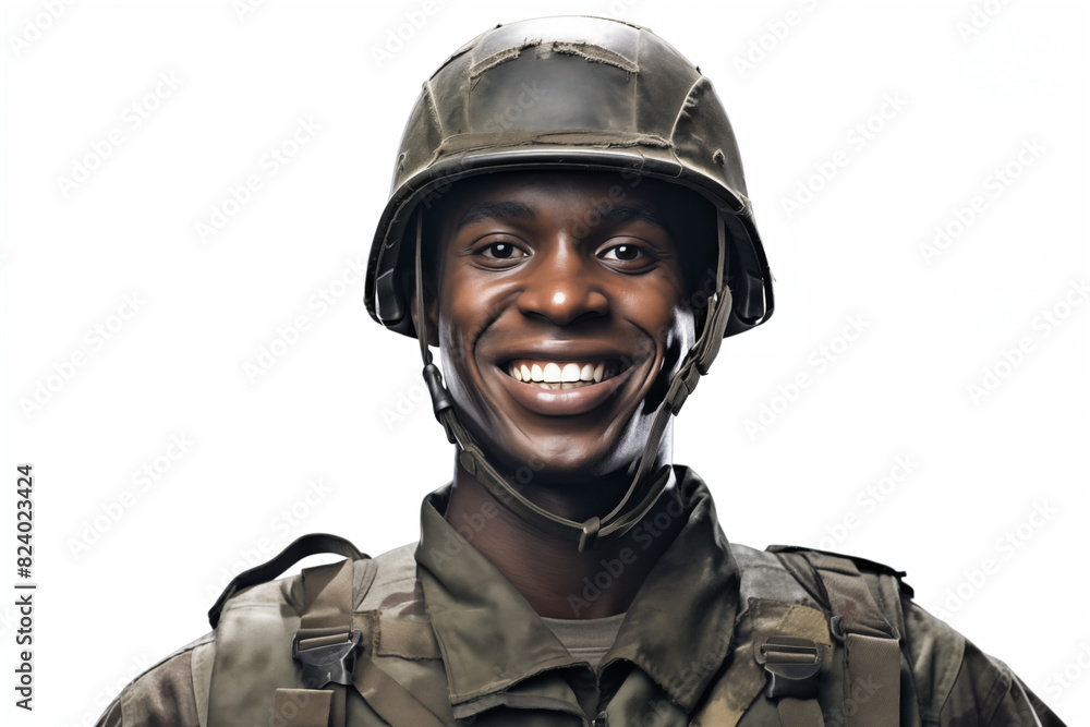 Smiling man on white background. War-related topics. War news. Military recruitment. Military service. World War. Black man. Afro american. Africa. Image for graphic designer. IA. Smiling man on white background. War-related topics. War news. Military recruitment. Military service. World War. Black man. Afro american. Africa. Image for graphic designer. IA.