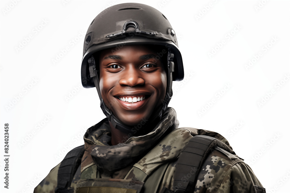Smiling man on white background. War-related topics. War news. Military recruitment. Military service. World War. Black man. Afro american. Africa. Image for graphic designer. IA. Smiling man on white background. War-related topics. War news. Military recruitment. Military service. World War. Black man. Afro american. Africa. Image for graphic designer. IA.