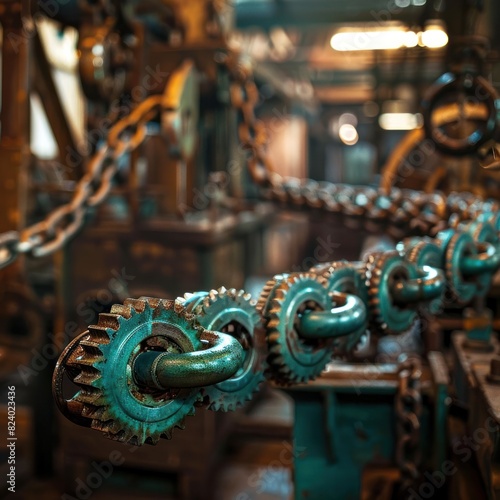 Teal Steampunk Chain and Gears in a Warm Workshop