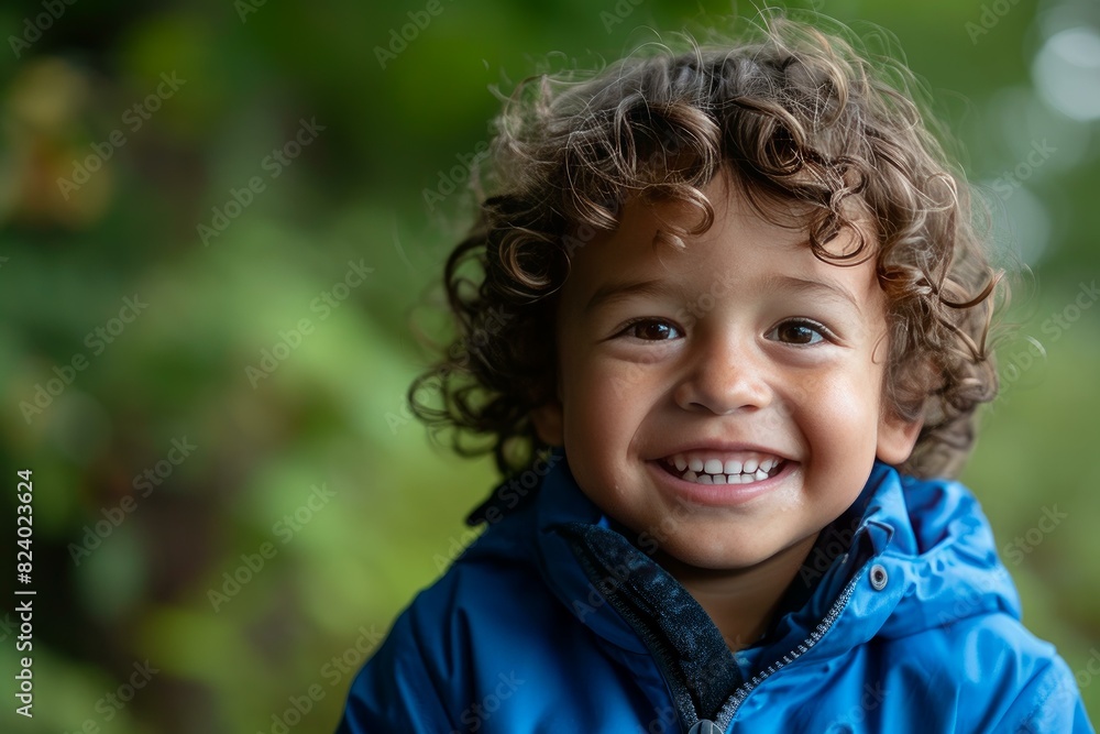Close-up of a smiling toddler boy with curly hair in a blue jacket, nature background Close-up of a smiling toddler boy with curly hair in a blue jacket, nature background