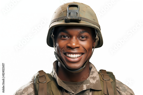 Smiling man on white background. War-related topics. War news. Military recruitment. Military service. World War. Black man. Afro american. Africa. Image for graphic designer. IA.