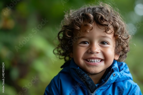 Close-up of a smiling toddler boy with curly hair in a blue jacket, nature background