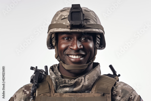 Smiling man on white background. War-related topics. War news. Military recruitment. Military service. World War. Black man. Afro american. Africa. Image for graphic designer. IA.