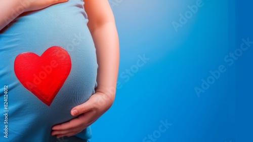 Wallpaper Mural Close-up of a pregnant woman cradling her belly adorned with a vibrant red heart, expressing love and anticipation. Torontodigital.ca