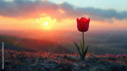   A lone red tulip resting atop a green lawn beneath an overcast sky, with the sun shining afar photo