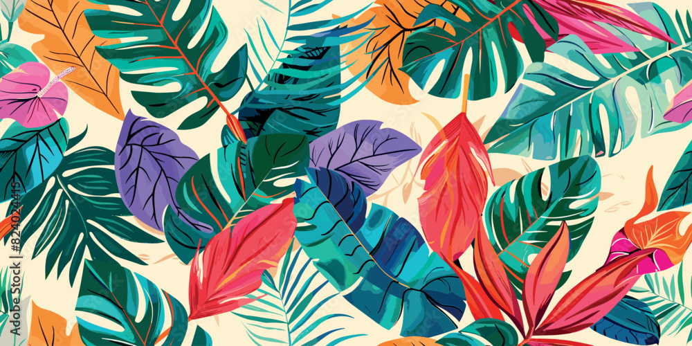 Seamless pattern with tropical leaves in vibrant hues, their colorful forms creating an exotic and lively composition on beige background. Abstract trendy spring, summer dress print. Hand drawn Seamless pattern with tropical leaves in vibrant hues, their colorful forms creating an exotic and lively composition on beige background. Abstract trendy spring, summer dress print. Hand drawn
