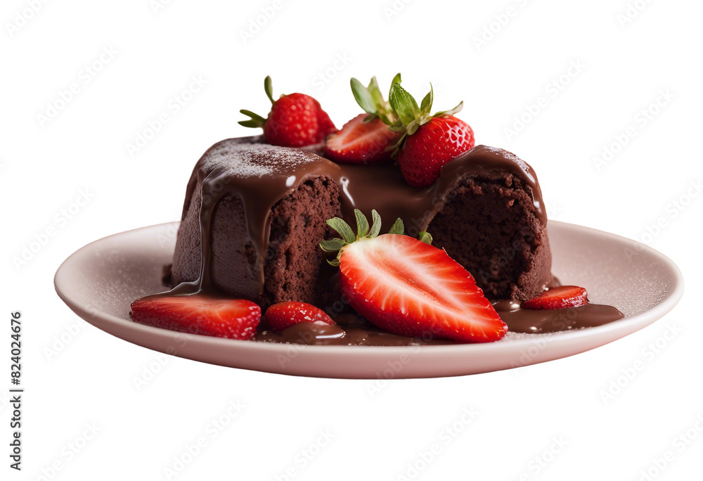 A close-up of a chocolate lava cake with melting center garnished with fresh pieces of strawberries isolated on transparent background A close-up of a chocolate lava cake with melting center garnished with fresh pieces of strawberries isolated on transparent background
