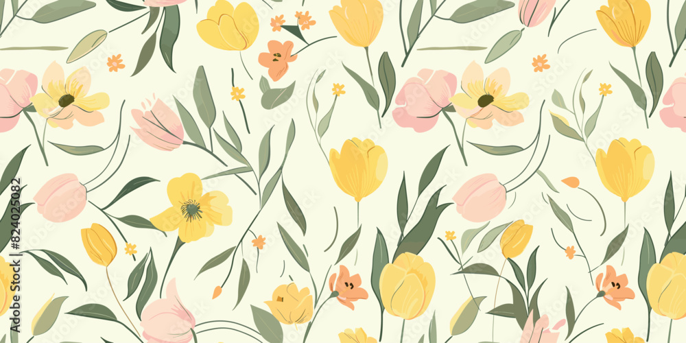 Seamless pattern with yellow tulips, their petals forming playful shapes in shades of pink and green leaves. Abstract trendy spring, summer dress print. Beautiful multicolored motif. Hand drawn