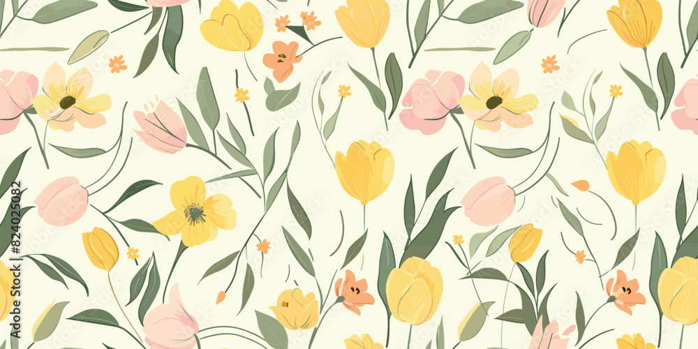 Seamless pattern with yellow tulips, their petals forming playful shapes in shades of pink and green leaves. Abstract trendy spring, summer dress print. Beautiful multicolored motif. Hand drawn Seamless pattern with yellow tulips, their petals forming playful shapes in shades of pink and green leaves. Abstract trendy spring, summer dress print. Beautiful multicolored motif. Hand drawn