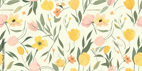 Seamless pattern with yellow tulips, their petals forming playful shapes in shades of pink and green leaves. Abstract trendy spring, summer dress print. Beautiful multicolored motif. Hand drawn © SappiStudio